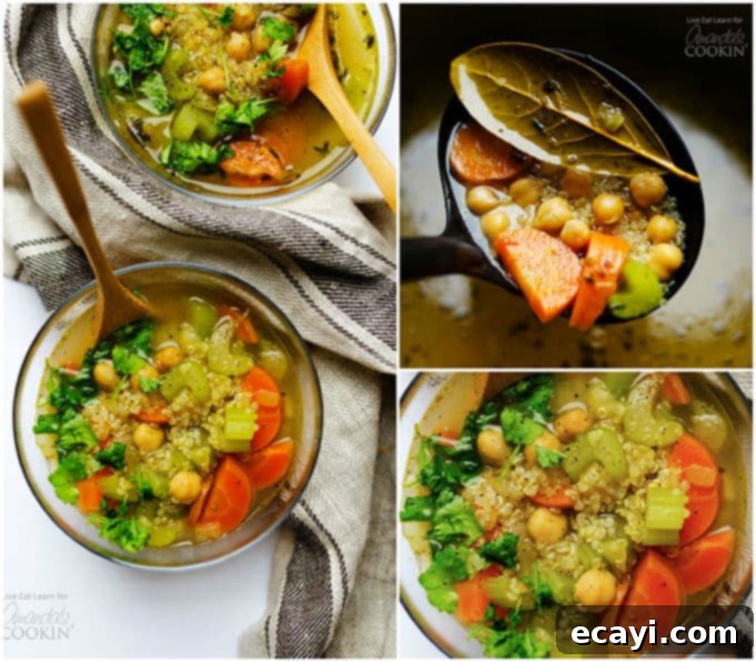 A close-up of a delightful healthy vegetable soup with chickpeas and quinoa, showcasing its rich texture. #chickpeas #soup #healthy #vegetarian #vegetariansoup #souprecipes #winterrecipes #vegetablesoup Delicious healthy vegetable soup recipe with a focus on fresh ingredients