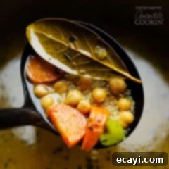 Hearty Chickpea and Garden Vegetable Soup 2 ladel of vegetable soup into a bowl, showcasing the rich texture of the chickpea quinoa vegetable soup