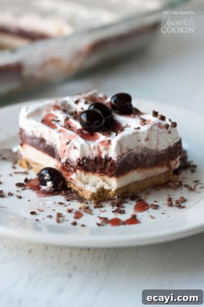 This Red Velvet Lasagna is a layered, no-bake dessert recipe with a crunchy graham cracker crust, cream cheese layer and a red chocolate pudding layer. #lasagnadessert #dessert #dessertrecipes #redvelvet #onepandessert #valentinesday #chocolate #nobakedessert Slice of red velvet lasagna showing distinct layers of crust, cream cheese, red pudding, and whipped topping with garnishes