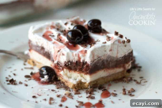 This Red Velvet Lasagna is a layered, no-bake dessert recipe with a crunchy graham cracker crust, cream cheese layer and a red chocolate pudding layer. #lasagnadessert #dessert #dessertrecipes #redvelvet #onepandessert #valentinesday #chocolate #nobakedessert Horizontal shot of Red Velvet Lasagna dessert with focus on the rich red pudding layer and whipped topping