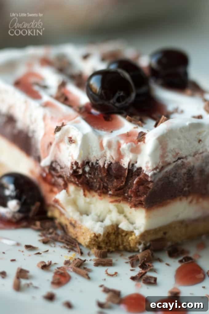 This Red Velvet Lasagna is a layered, no-bake dessert recipe with a crunchy graham cracker crust, cream cheese layer and a red chocolate pudding layer. #lasagnadessert #dessert #dessertrecipes #redvelvet #onepandessert #valentinesday #chocolate #nobakedessert Close-up photo of a slice of Red Velvet Lasagna, highlighting the intricate layers and smooth texture