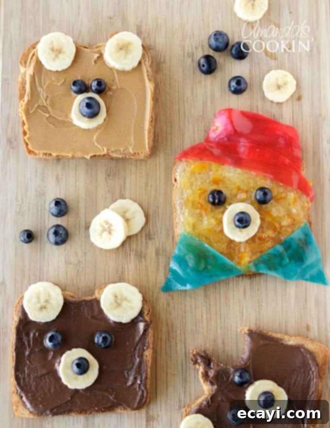 Learn how to make adorable teddy bear toast, starring Paddington Bear, in under 10 minutes with your children! Finished Paddington Bear toast on a plate, featuring the hat, collar, eyes, and nose, ready to be enjoyed by excited kids.