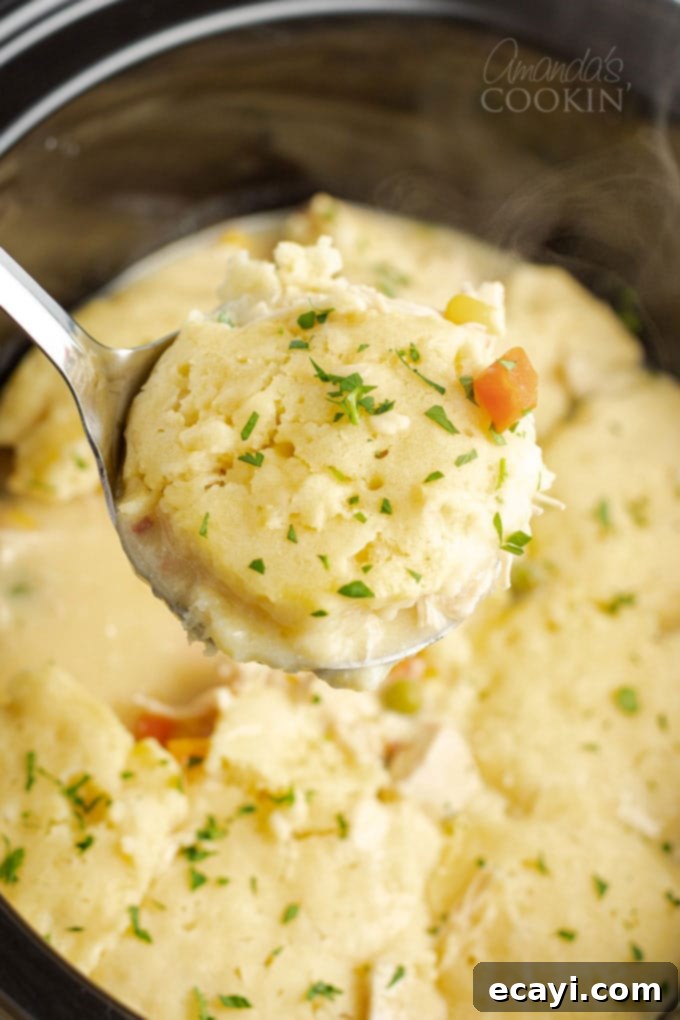 This crockpot chicken and dumplings recipe is creamy, hearty and delicious with a to-die-for gravy and the perfect balance of protein and vegetables. #crockpot #crockpotrecipes #chickenrecipes #chickenanddumplings #dumplings #souprecipes #easydinner spooning chicken and dumplings from the slow cooker