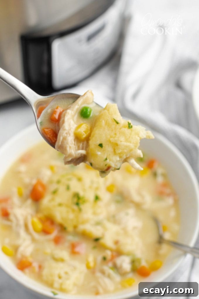 This crockpot chicken and dumplings recipe is creamy, hearty and delicious with a to-die-for gravy and the perfect balance of protein and vegetables. #crockpot #crockpotrecipes #chickenrecipes #chickenanddumplings #dumplings #souprecipes #easydinner spoon full of chicken dumplings