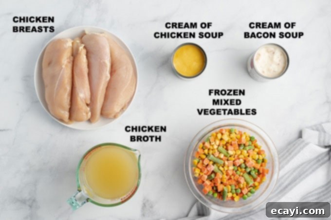 This crockpot chicken and dumplings recipe is creamy, hearty and delicious with a to-die-for gravy and the perfect balance of protein and vegetables. #crockpot #crockpotrecipes #chickenrecipes #chickenanddumplings #dumplings #souprecipes #easydinner ingredients - chicken, soups, frozen vegetables