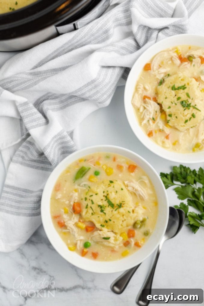 Make crockpot chicken and dumplings for a easy comforting dinner. Cook chicken breasts in broth and soup mixture, shred, add vegetables and dumplings. two bowls of crockpot chicken and dumplings