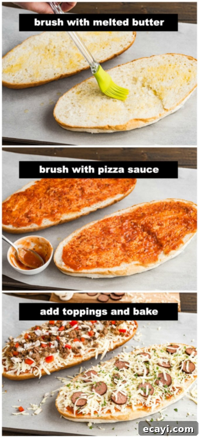 Ultimate French Bread Pizza 2 French bread halves arranged on a baking sheet, topped with sauce and ready for cheese