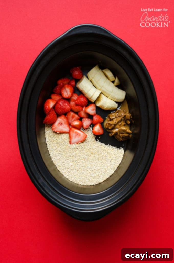 This Slow Cooker Breakfast Quinoa is a dump-it and forget-it kind of meal. Throw all the makings of a delicious breakfast in your slow cooker. #slowcooker #crockpot #breakfast #healthybreakfast #bananas #quinoa #breakfastrecipes #easybreakfast ingredients for slow cooker breakfast quinoa in the crockpot