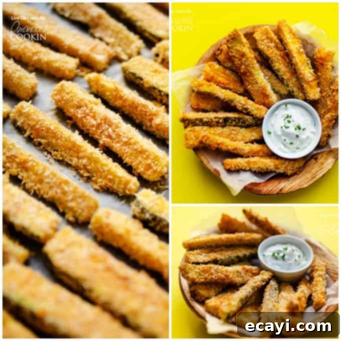 These Crispy Zucchini Fries are a healthy alternative to traditional French fries, but believe me when I say they don't compromise on flavor at all! #baked #dinnersides #snacks #healthysnacks #zucchini #sidedishes Close-up of crispy baked zucchini fries showing their golden, crunchy coating.