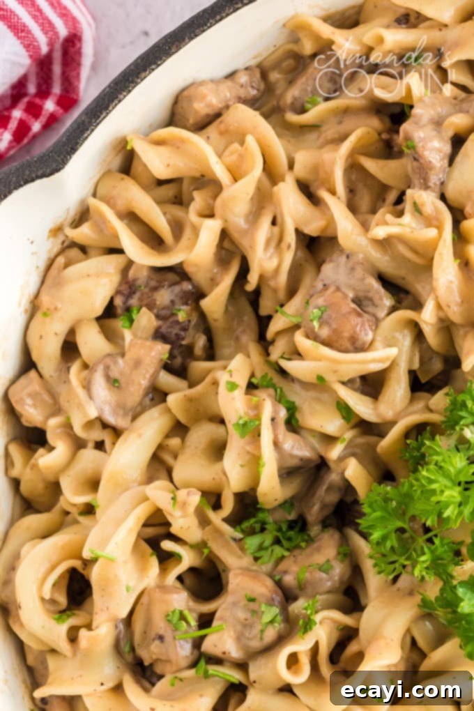 This classic beef stroganoff recipe from scratch features tender slices of steak and savory mushrooms smothered in creamy brown gravy that's ready in 30! #beefrecipes #beefstroganoff #pasta #pastarecipes #dinnerrecipes #mushrooms #skillet #skilletdinners #easydinnerrecipes #noodles beef and noodles in white pan