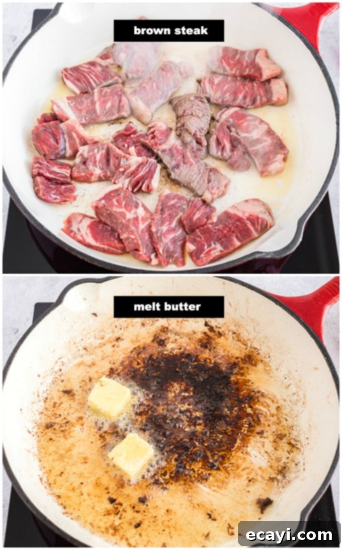 This classic beef stroganoff recipe from scratch features tender slices of steak and savory mushrooms smothered in creamy brown gravy that's ready in 30! #beefrecipes #beefstroganoff #pasta #pastarecipes #dinnerrecipes #mushrooms #skillet #skilletdinners #easydinnerrecipes #noodles browning steak in skillet