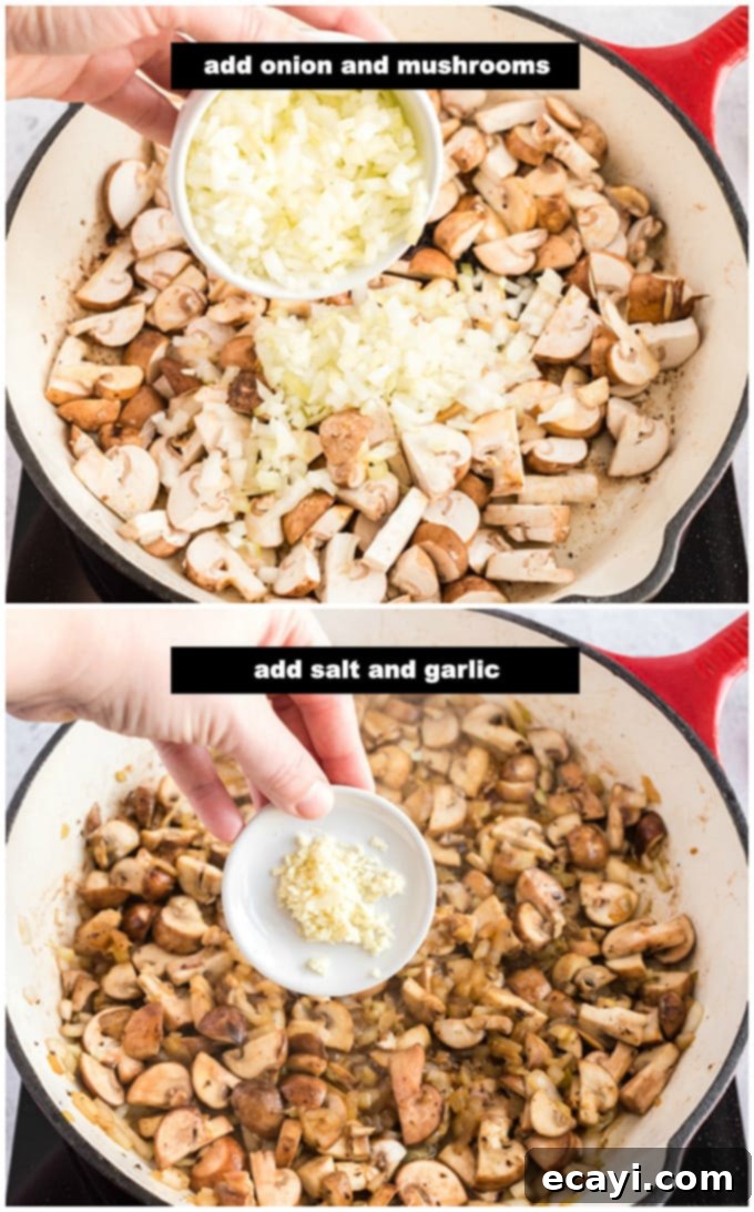 This classic beef stroganoff recipe from scratch features tender slices of steak and savory mushrooms smothered in creamy brown gravy that's ready in 30! #beefrecipes #beefstroganoff #pasta #pastarecipes #dinnerrecipes #mushrooms #skillet #skilletdinners #easydinnerrecipes #noodles adding onion, mushrooms, and garlic to pan