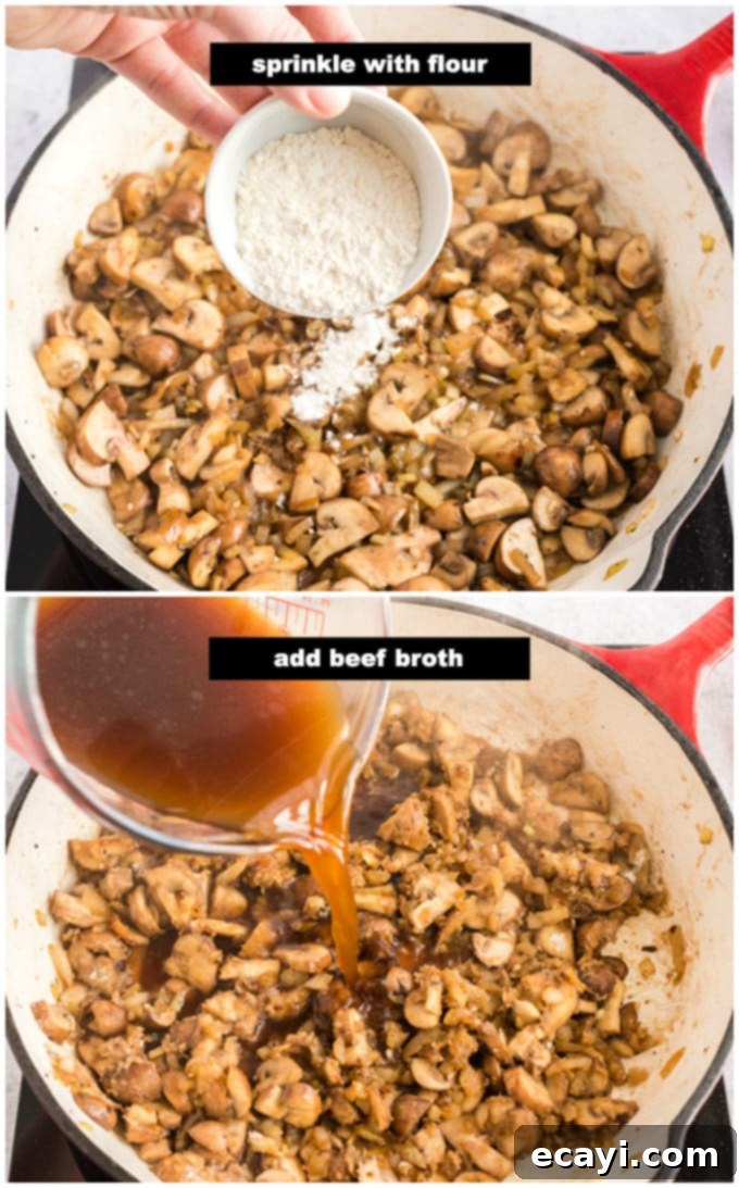 Classic Beef Stroganoff 2 adding flour and broth to stroganoff