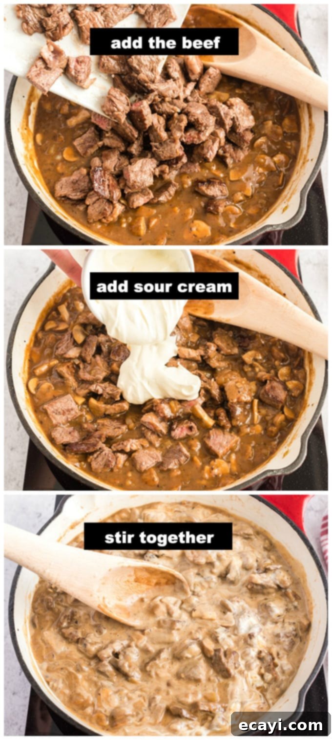Classic Beef Stroganoff 3 adding beef and sour cream to pan