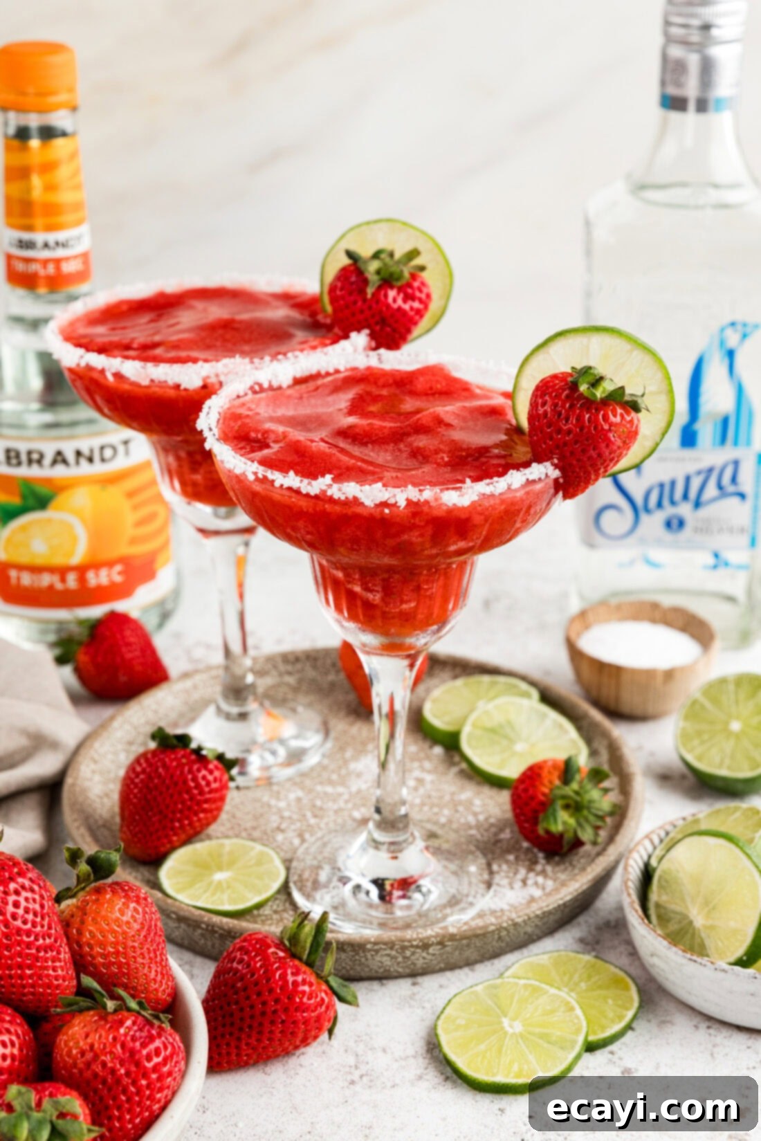 Berry Burst Margarita 2 Two vibrant frozen strawberry margaritas on a serving platter, garnished with fresh limes and strawberries, ready for summer enjoyment.