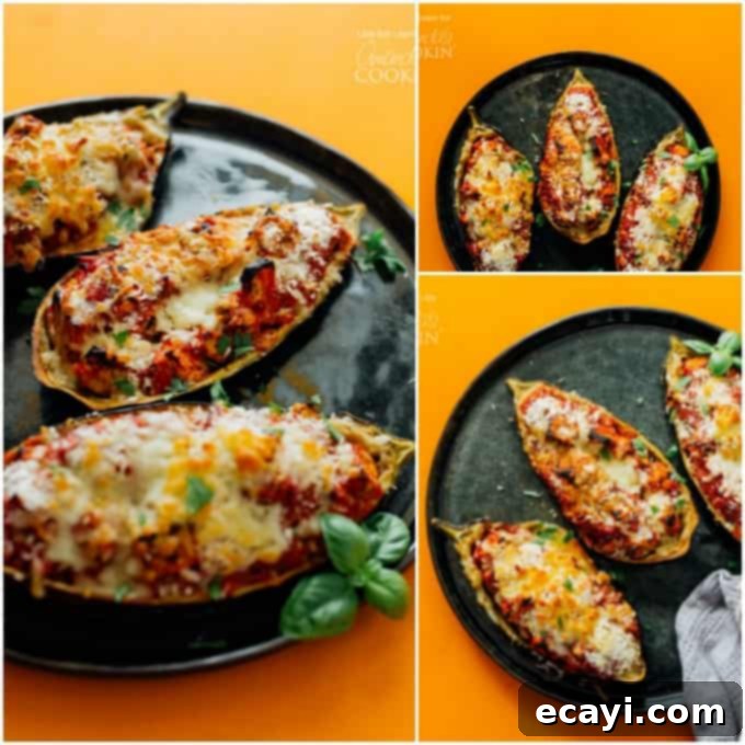 Cheesy Stuffed Eggplant Parmesan 5 Baked Stuffed Eggplant Parmesan, golden brown and bubbly, fresh from the oven.