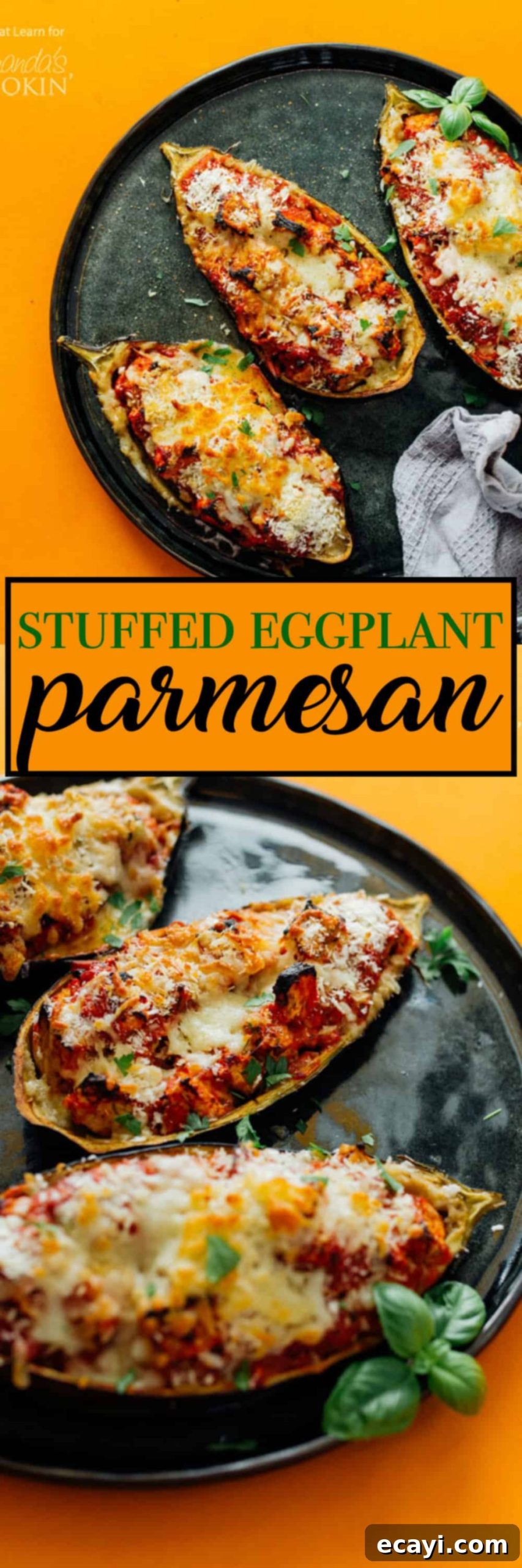 Cheesy Stuffed Eggplant Parmesan 7 pinterest image that says stuffed eggplant parmesan