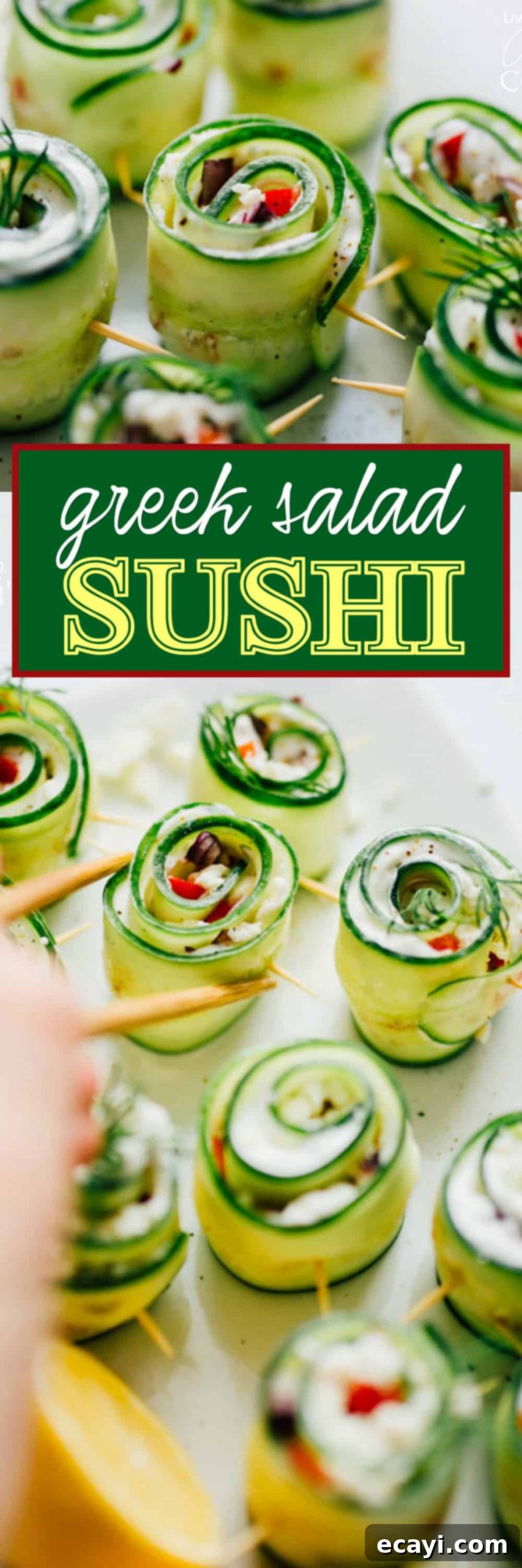 Greek Salad Sushi Rolls 7 pinterest image that says greek salad sushi