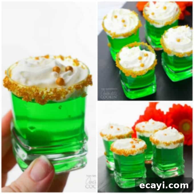 These Green Jello Shots with gold sugar rims and a dollop of whipped cream are perfect for St. Patrick's Day but are good for all summer long, too! #stpatricksday #jelloshots #jello #cocktails #summer #vodka #lime Green Jello Shots for St. Patrick's Day Collage