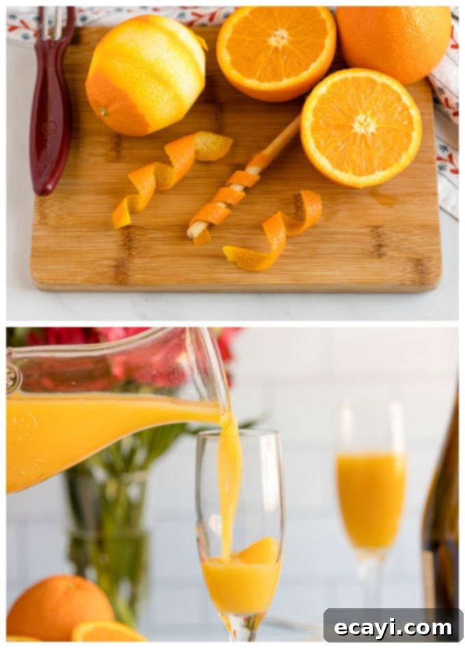 Prepare your mimosas by first filling champagne flutes halfway with chilled orange juice. This ensures a balanced and refreshing drink. pouring orange juice into a champagne flute