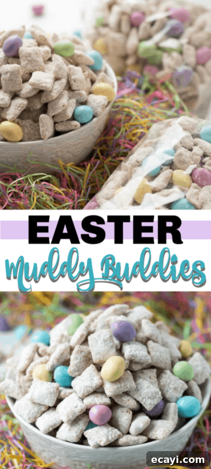 Easter Muddy Buddies are a sweet and salty snack with cereal. Then coated in white chocolate & peanut butter, customized with your favorite Easter candies. #snack #easter #easterdessert #easterrecipes #muddybuddy #puppychow #candy #chexmix #whitechocolate easter muddy buddies
