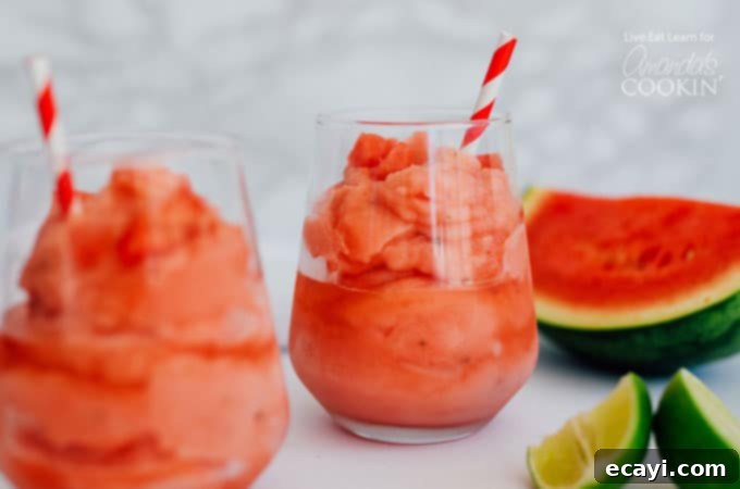 This Watermelon Malibu Slush has just a handful of ingredients and is perfect for keeping in the freezer for impromptu cocktail hours all summer! Watermelon Malibu Slush in glasses