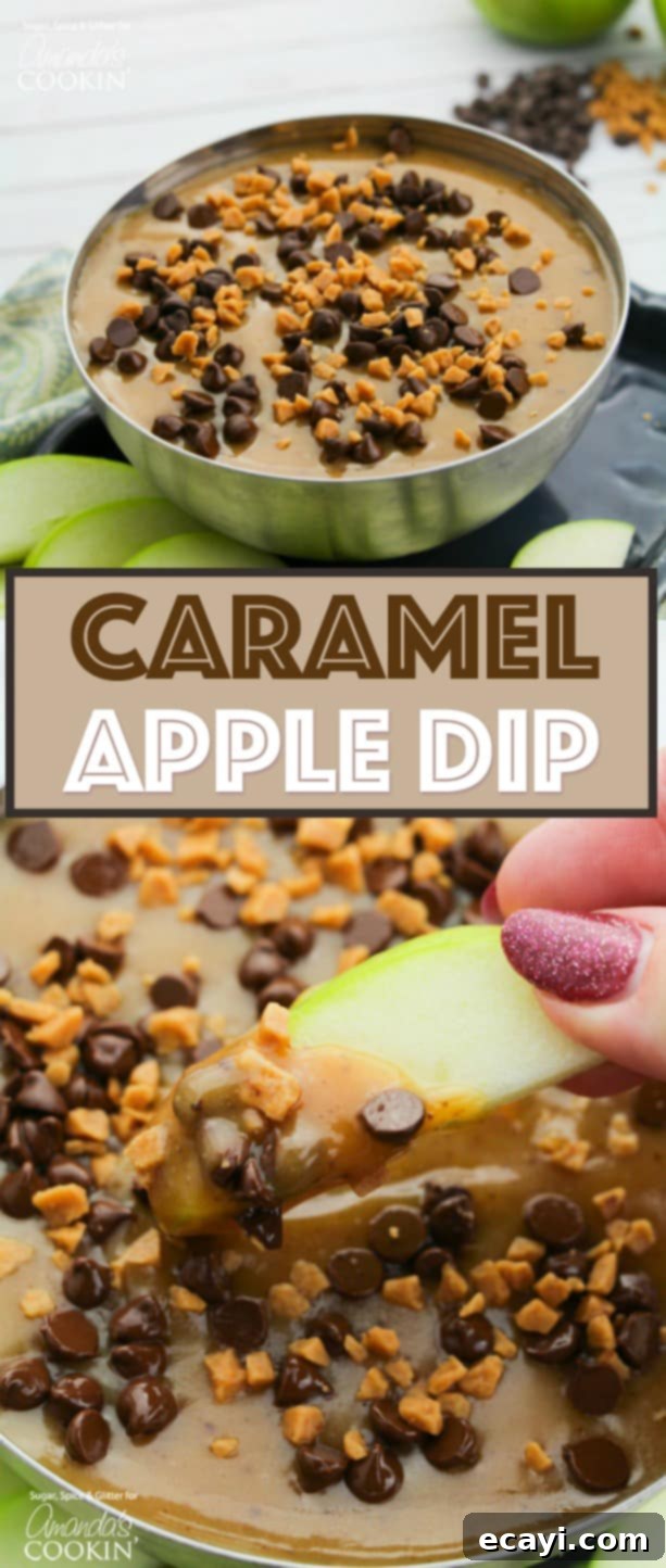 Luscious Caramel Apple Treat 8 Pinterest optimized image with text overlay: 'Easy Homemade Caramel Apple Dip - 5 Ingredients - Perfect for Parties & Desserts'