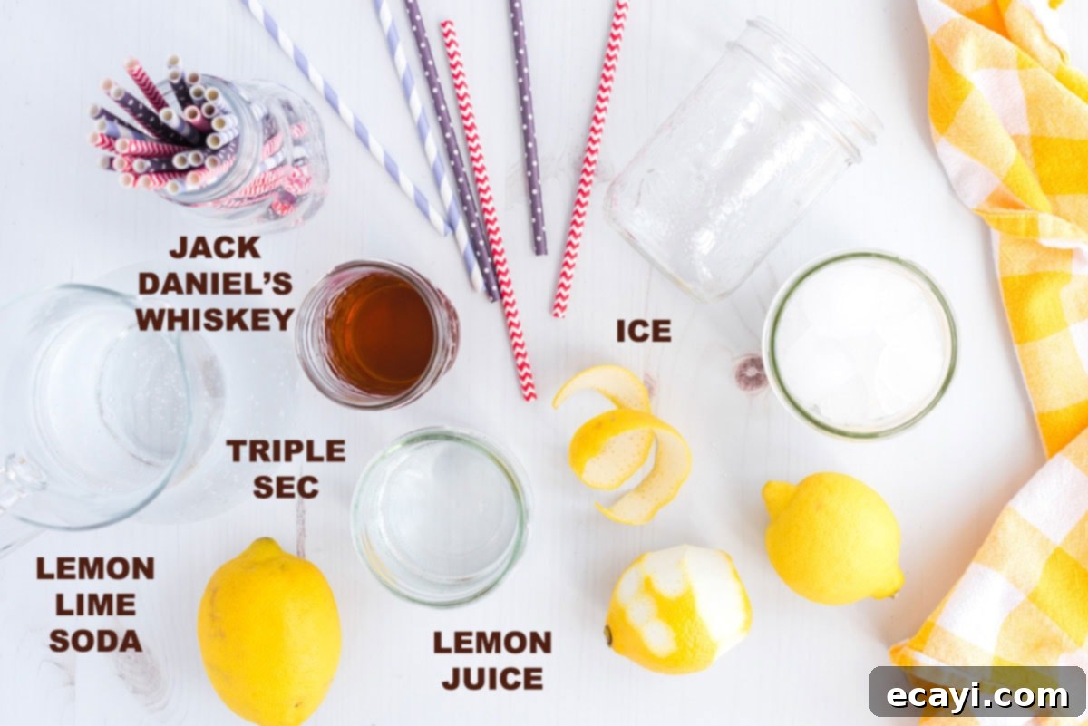 Lynchburg Lemonade 2 Labeled ingredients for a Lynchburg Lemonade cocktail: Jack Daniel's, Triple Sec, fresh lemons, and lemon-lime soda