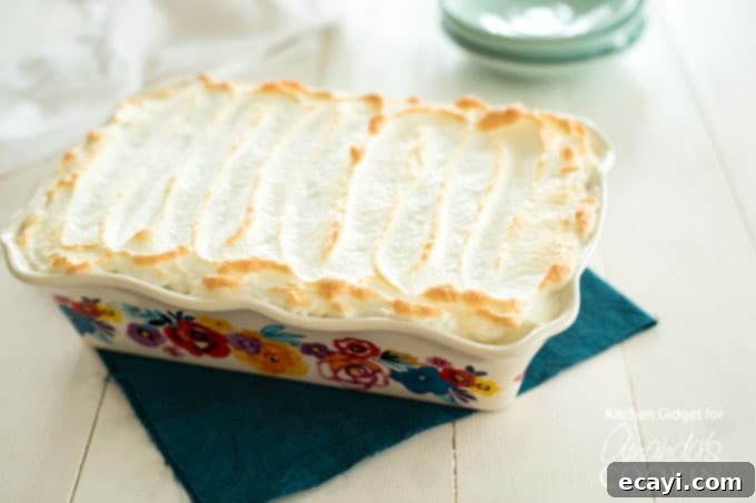 Comforting Homemade Banana Pudding 4 A close-up of Homemade Banana Pudding with vanilla wafers and a perfectly toasted meringue topping!