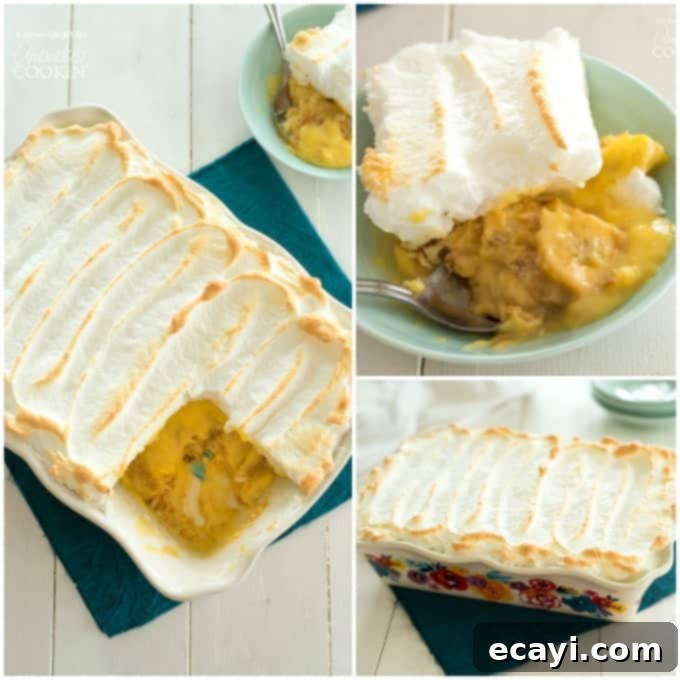 Comforting Homemade Banana Pudding 5 A collage showing three different delectable views of homemade banana pudding with meringue