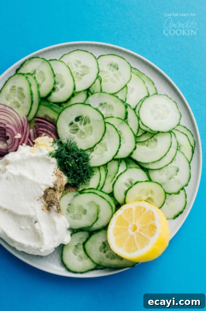 A colorful display of fresh ingredients ready to be transformed into a delicious and refreshing Tzatziki Salad, perfect for summer. Fresh ingredients for Tzatziki Salad laid out on a white plate: sliced cucumber, red onion, Greek yogurt, fresh dill, garlic, lemon, salt, and pepper.
