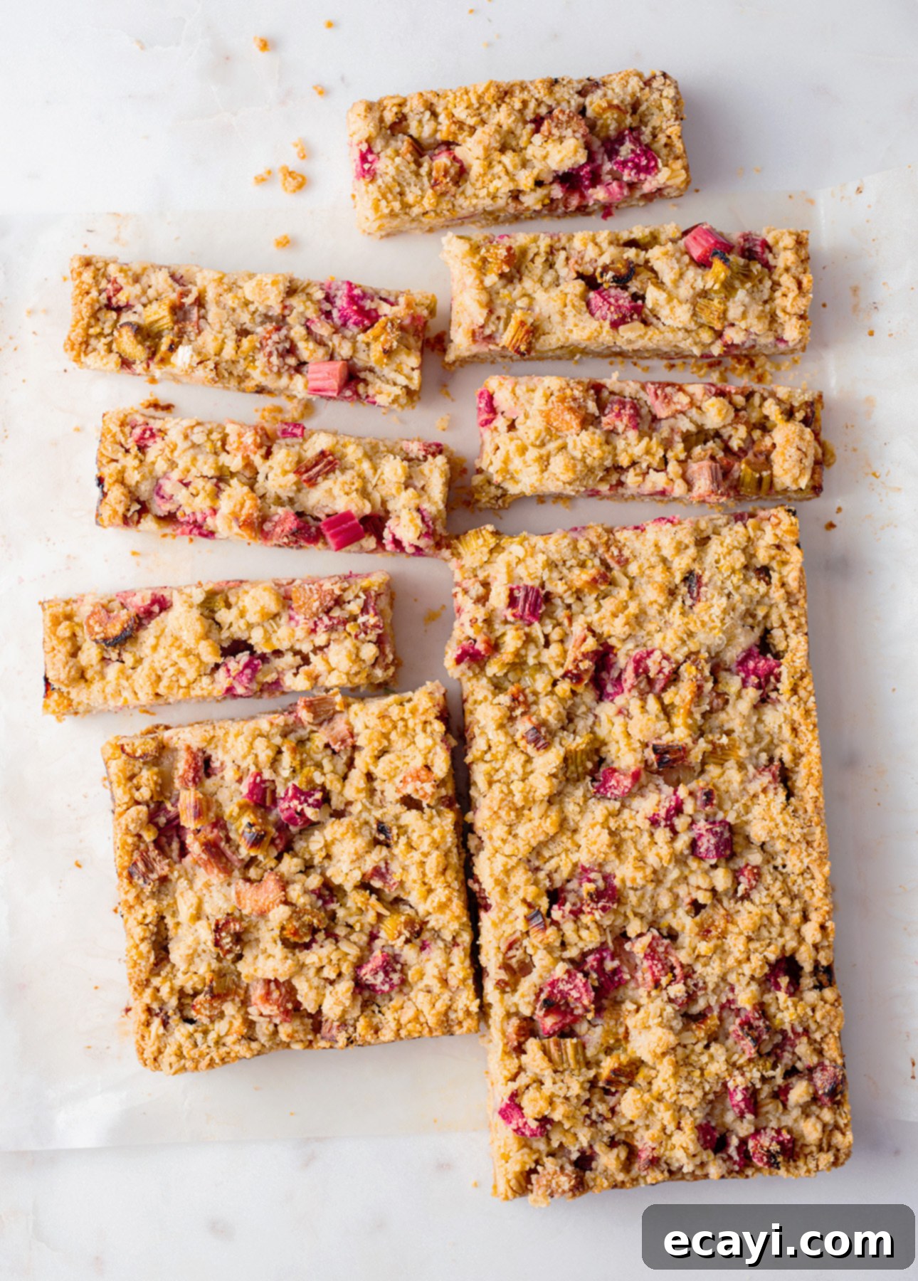 Sunshine Rhubarb Orange Crumble Bars 3 Close-up of freshly baked Orange Rhubarb Crumb Bars, ready to be enjoyed. // FoodNouveau.com