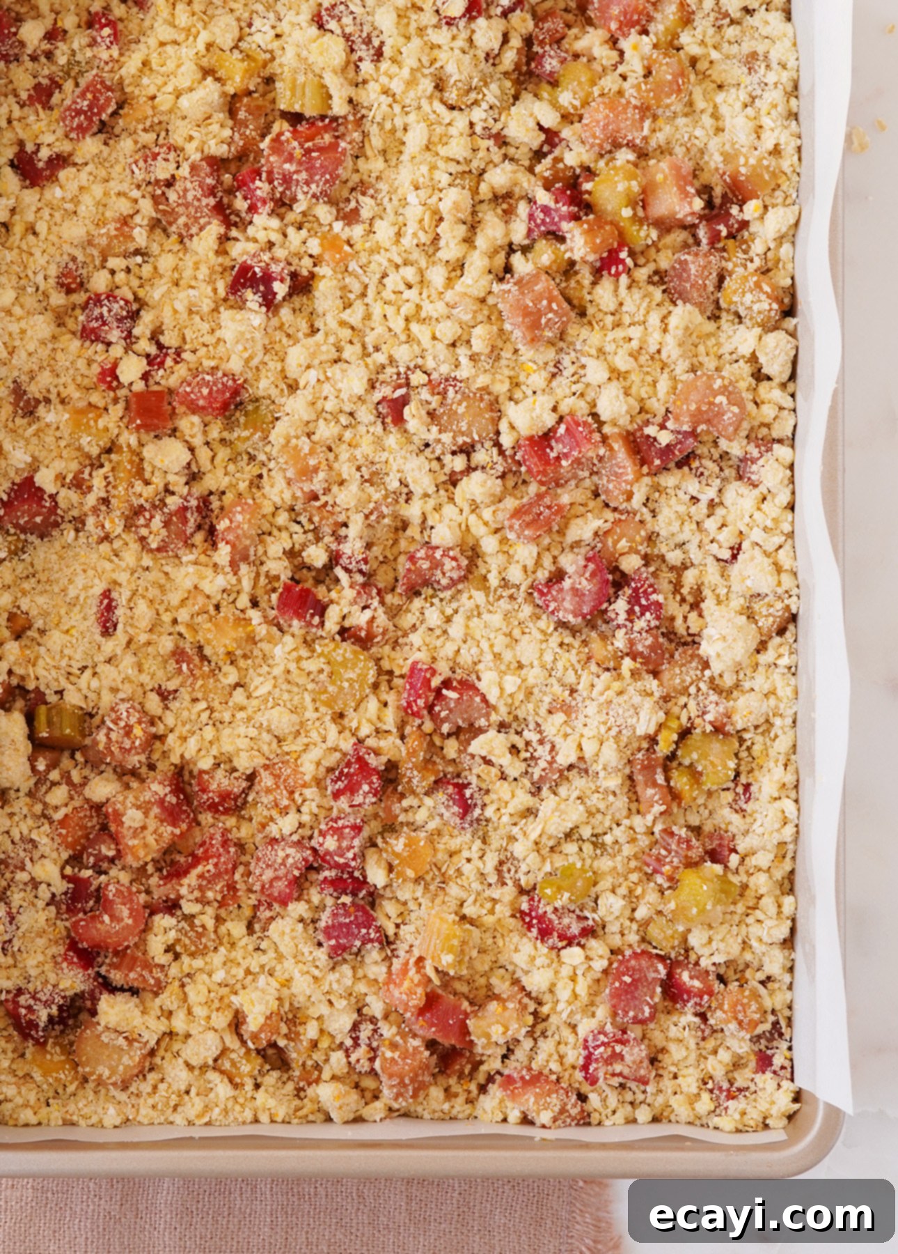 Sunshine Rhubarb Orange Crumble Bars 5 A close-up shot of Orange Rhubarb Crumb Bars mixture in a baking pan, ready to be baked to golden perfection. // FoodNouveau.com