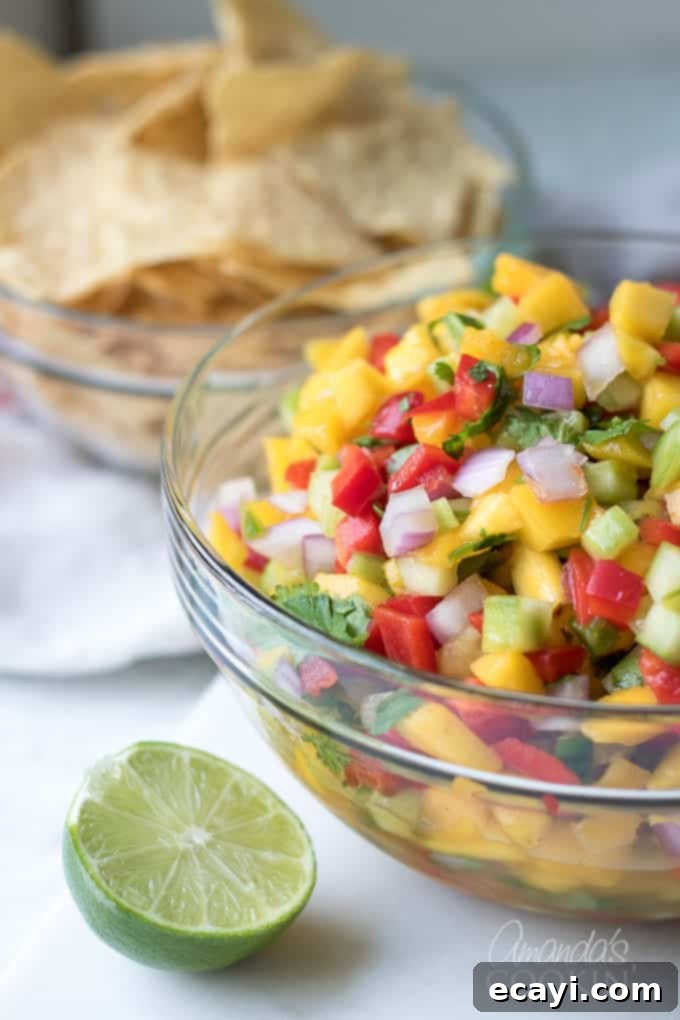 This mango salsa is full of fresh veggies and sweet fruit! Perfect for a potluck or barbecue. Fresh mangos, pineapple, cucumber, bell peppers, onion, jalapeno, and of course fresh cilantro! Mango Salsa