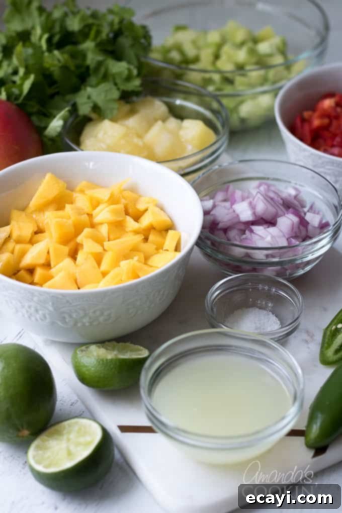This mango salsa is full of fresh veggies and sweet fruit! Perfect for a potluck or barbecue. Fresh mangos, pineapple, cucumber, bell peppers, onion, jalapeno, and of course fresh cilantro! mangoes, cucumber, red bell pepper, pineapple, cilantro and jalapeno in bowls