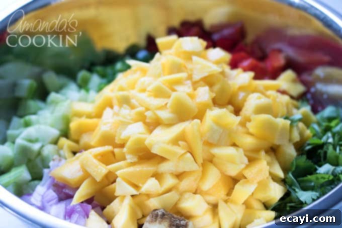 This mango salsa is full of fresh veggies and sweet fruit! Perfect for a potluck or barbecue. Fresh mangos, pineapple, cucumber, bell peppers, onion, jalapeno, and of course fresh cilantro! Combine all fresh ingredients for this beautiful mango salsa