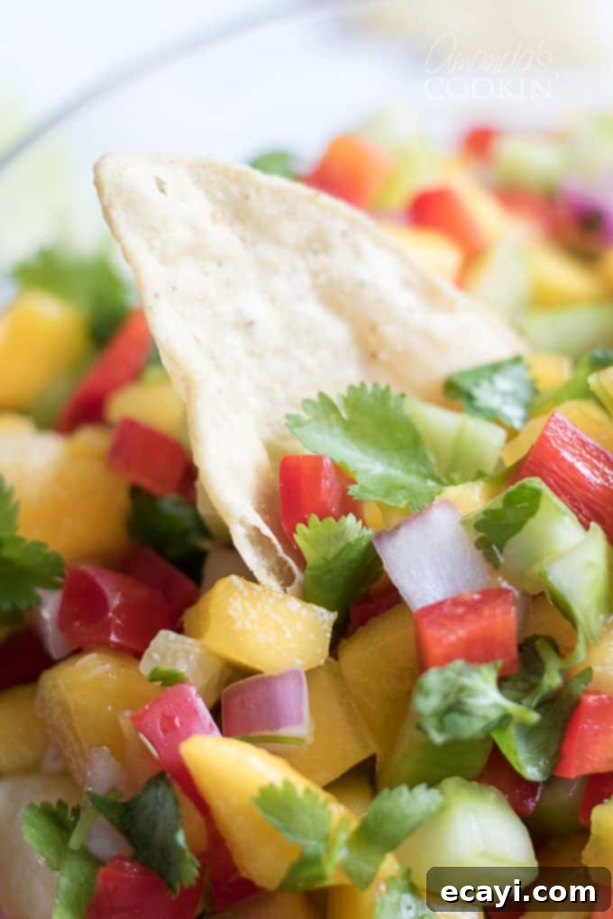 This mango salsa is full of fresh veggies and sweet fruit! Perfect for a potluck or barbecue. Fresh mangos, pineapple, cucumber, bell peppers, onion, jalapeno, and of course fresh cilantro! Close up of mango salsa and chips