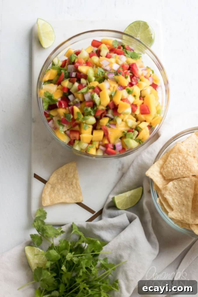 This mango salsa is full of fresh veggies and sweet fruit! Perfect for a potluck or barbecue. Fresh mangos, pineapple, cucumber, bell peppers, onion, jalapeno, and of course fresh cilantro! Mango salsa in a bowl overhead shot