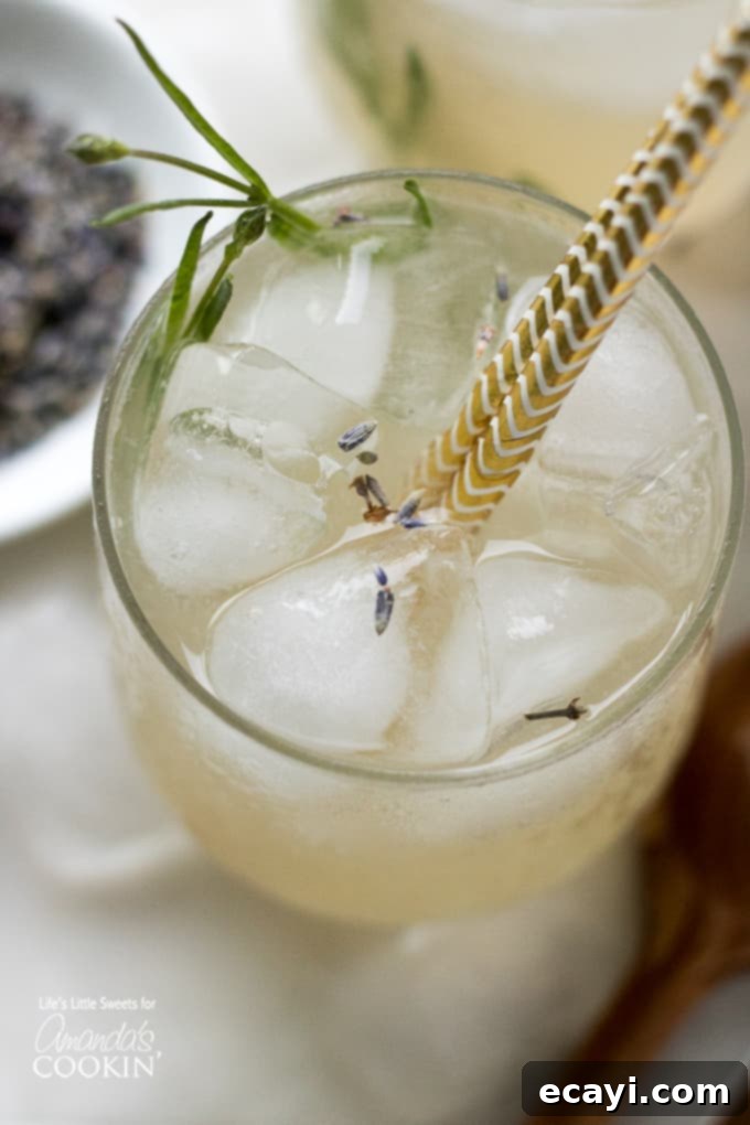 This Lavender Lemonade is made with freshly squeezed lemon juice then sweetened with a lavender-infused simple syrup and garnished with dried lavender! overhead view of lemonade in glass with lavender leaves