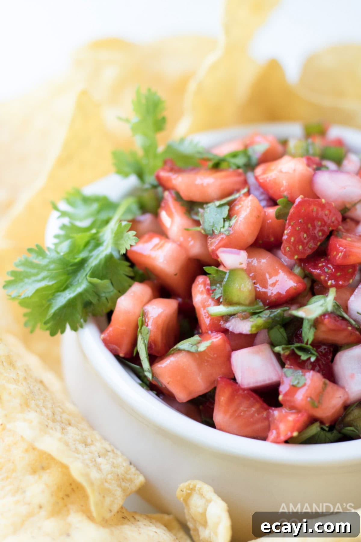 Summer Strawberry Salsa 2 Vibrant strawberry salsa in a white bowl, served with crispy tortilla chips, showcasing its fresh appeal as a perfect appetizer.