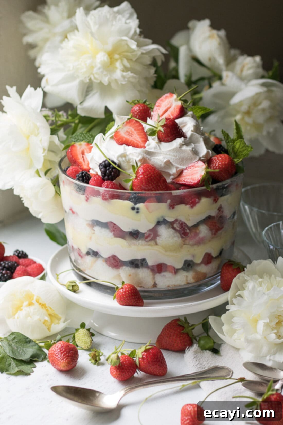 Grand Mixed Berry Trifle display. A beautifully layered Mixed Berry Trifle on a white stand, with fresh berries cascading down the sides.
