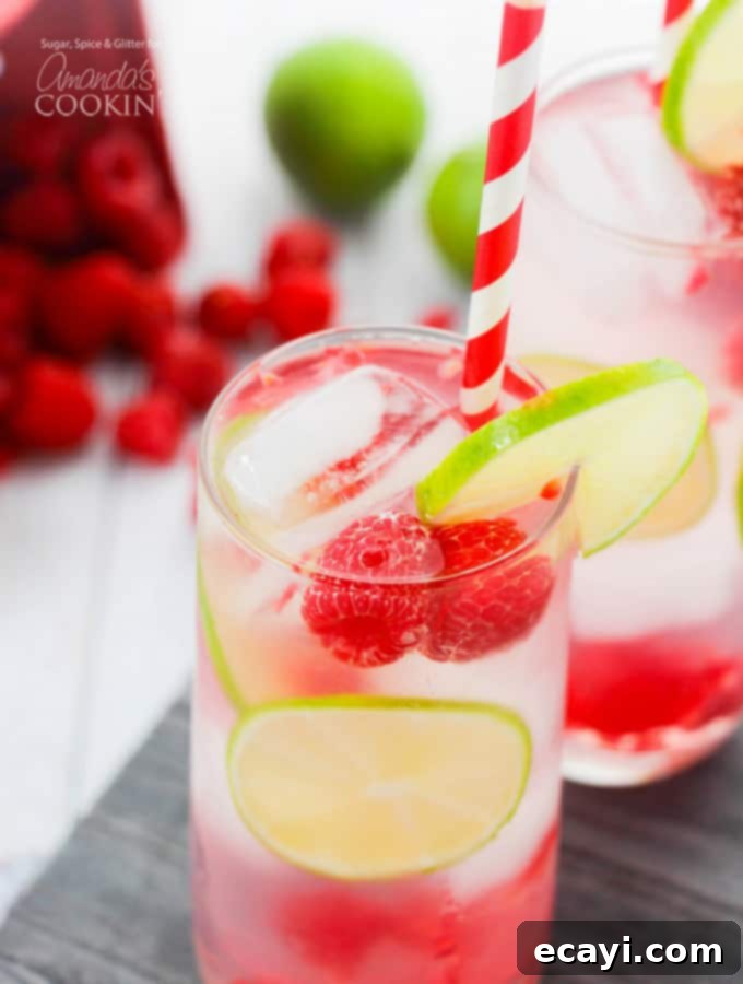 This Raspberry Gin Rickey is a fun, fruity drink with the perfect amount of sweet-and-tart! The perfect cocktail for your next summer party. Vibrant Raspberry Gin Rickey cocktail in a glass, garnished with fresh raspberries and lime slices, ready for a summer party.