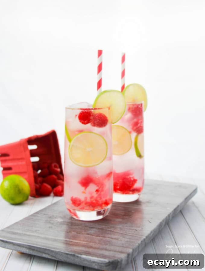 This Raspberry Gin Rickey is a fun, fruity drink with the perfect amount of sweet-and-tart! The perfect cocktail for your next summer party. A refreshing Raspberry Gin Rickey with paper straws, lime slices, and fresh raspberries, ready to be enjoyed.