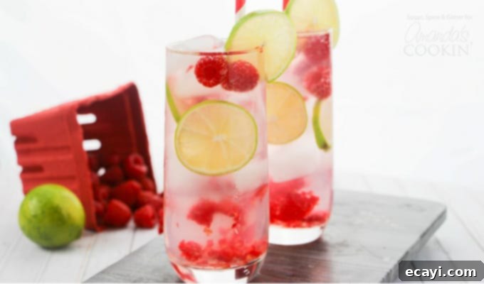 This Raspberry Gin Rickey is a fun, fruity drink with the perfect amount of sweet-and-tart! The perfect cocktail for your next summer party. Multiple Raspberry Gin Rickey cocktails in glasses, garnished with lime and raspberries, ready for a summer celebration.