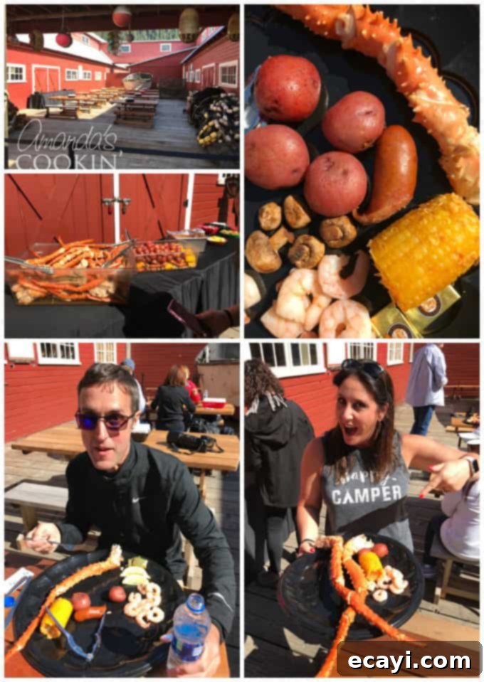 Icy Strait Point Majestic Whale Encounters 6 A vibrant collage of photos featuring smiling people enjoying a bountiful seafood lunch, alongside close-ups of delicious crab legs and corn.