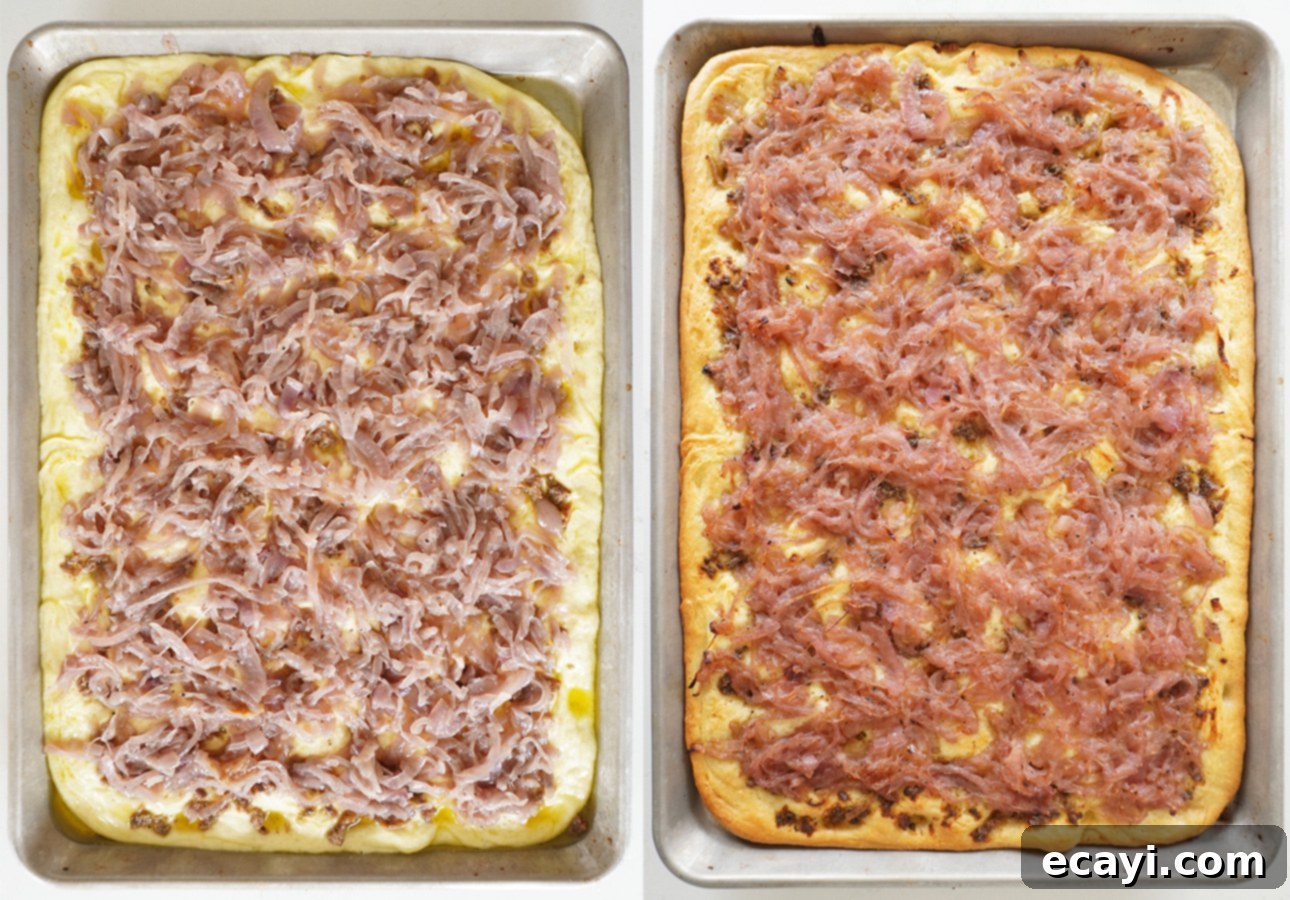 Golden Perfection Pissaladière A Provençal Onion and Anchovy Flatbread 25 Pissaladière (Provençal flatbread), before and after baking // FoodNouveau.com