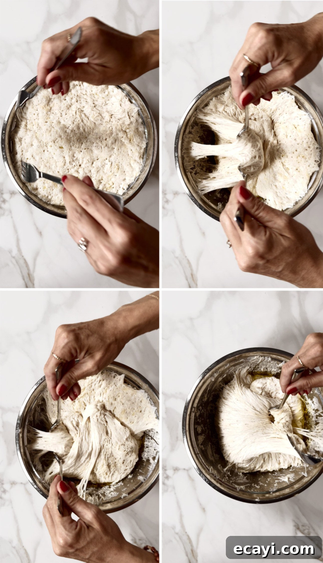Bake Perfect No-Knead Focaccia Effortlessly 12 This No-Knead Focaccia recipe uses a clever two-fork technique to fold the dough, helping to create structure without kneading // FoodNouveau.com