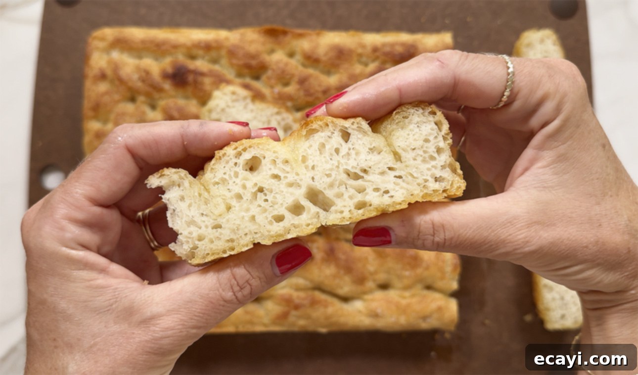 Bake Perfect No-Knead Focaccia Effortlessly 15 A freshly baked slice of pillowy, crunchy homemade focaccia is one of the most satisfying snacks, ever! // FoodNouveau.com