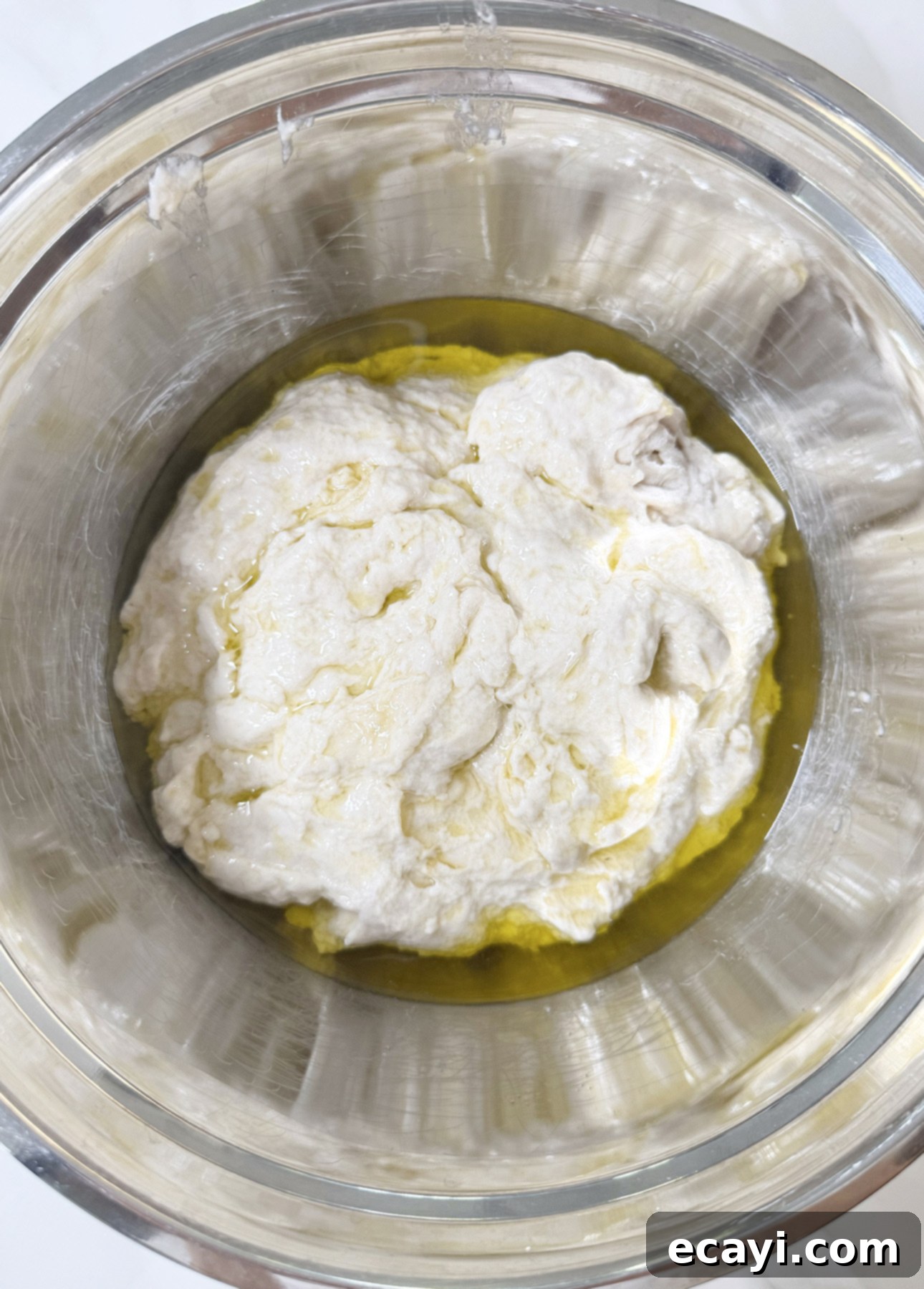 Bake Perfect No-Knead Focaccia Effortlessly 10 Homemade focaccia dough before the yeast allows it to rise // FoodNouveau.com
