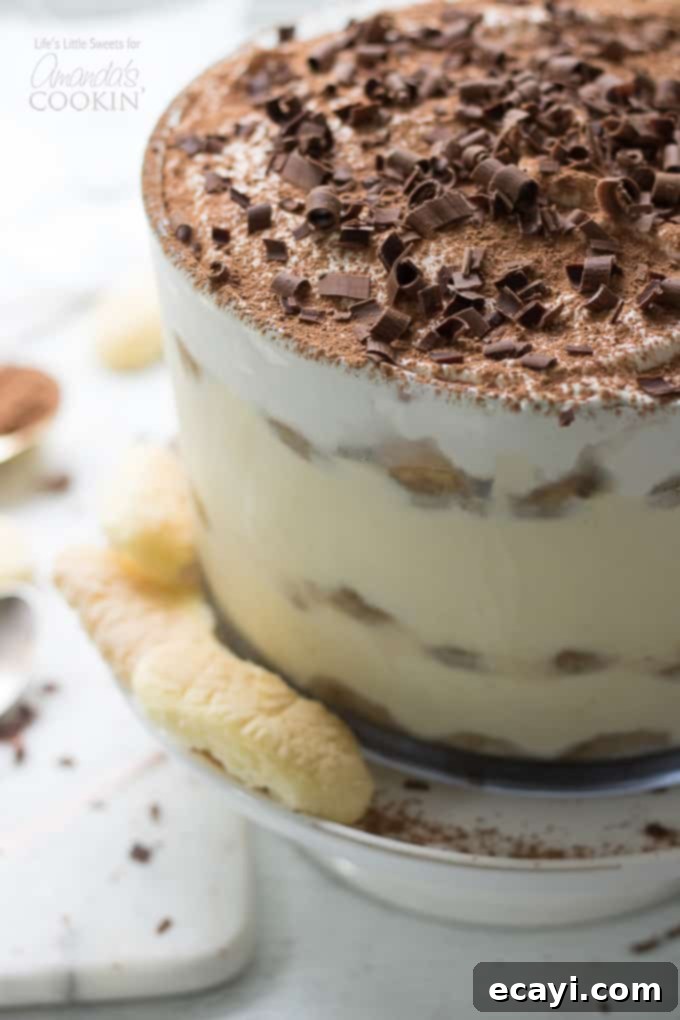 This Tiramisu Trifle has delicate ladyfinger sponge cakes soaked in an espresso-rum mixture, layered with a rich Mascarpone-whipped cream mixture and topped with vanilla whipped cream, cocoa powder, and semi-sweet chocolate curls Tiramisu trifle close up in trifle bowl